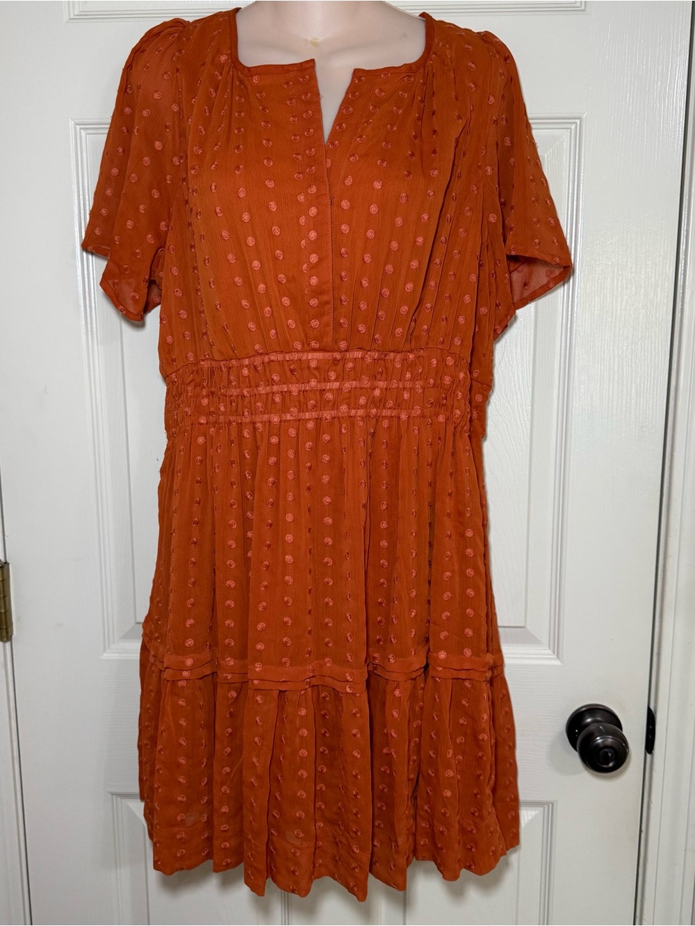 Anthropologie Fall Orange Polka V-Neck Short Sleeve Smocked Waist Short Dress L